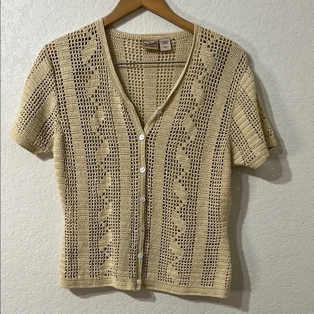 ❄️ ⛄️ Vintage  Woolrich Crochet short sleeve Ramie/cotton sweater large